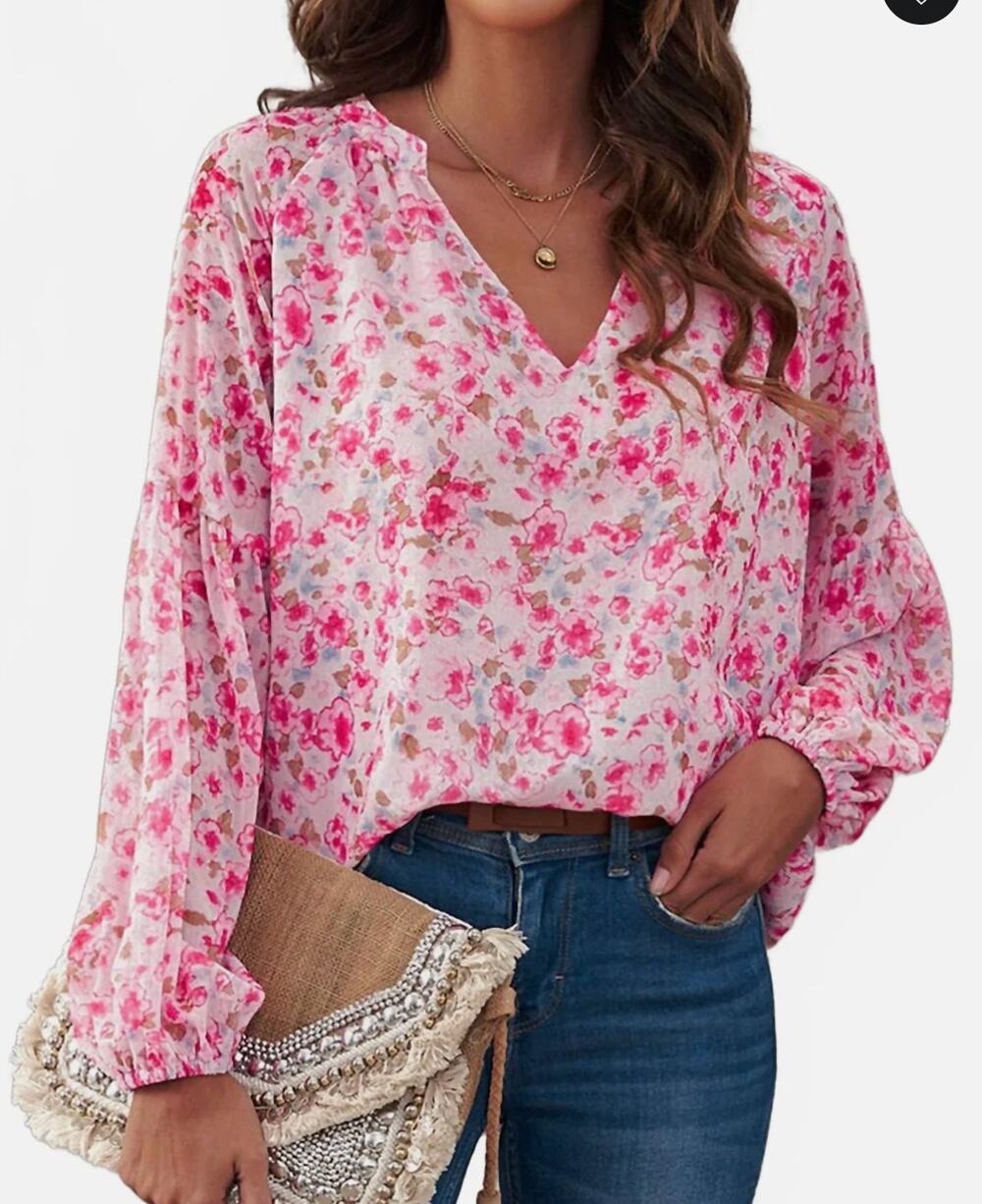 M pink white flower floral chiffon bell sleeve v neck long sleeve blouse top